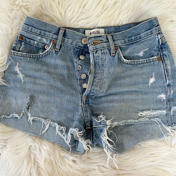 Agolde Parker Denim Shorts Distressed Women size 24 Blue Button Fly - Picture 1 of 4